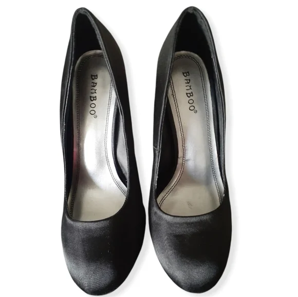 BAMBOO Black Satin Stilettos w/Rhinestone Embellished Heel - Picture 2 of 8